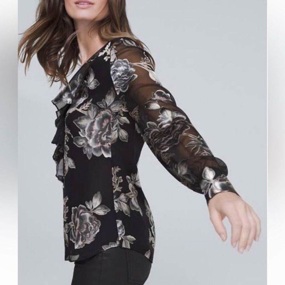 White House Black Market Silk-Blend Floral Burnout Blouse - Sz Med - Picture 2 of 14